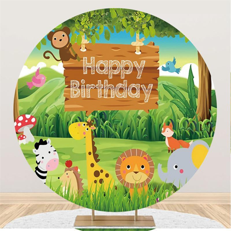 Lofaris Animals And Grassland Round Happy Birthday Backdrop