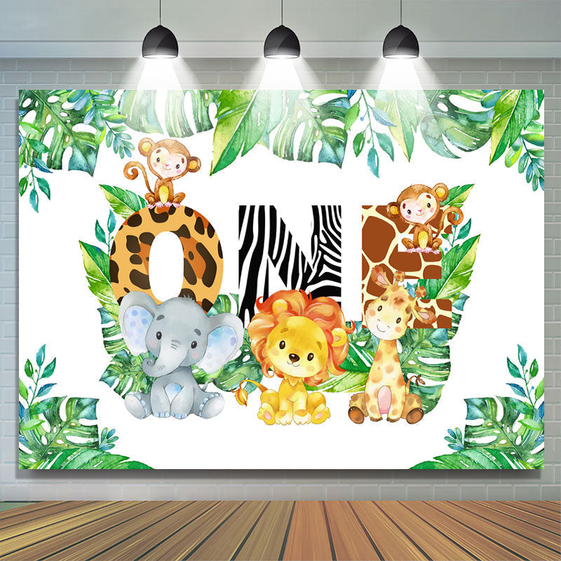 Lofaris Animals And Green Leaves First Happy Birthday Backdrop