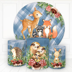 Lofaris Animals And Mushroon Blue Plaid Round Birthday Backdrop Kit