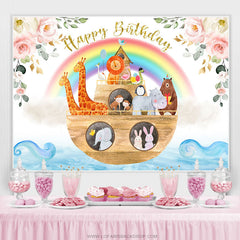 Lofaris Animals On The Boat Rainbow Happy Birthday Backdrop