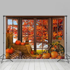 Lofaris Autumn Pumpkin Window Sunflowers With Tree Backdrop