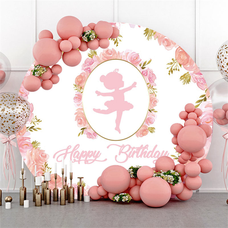 Lofaris Ballerina Pink Flower Circle Happy Birthday Backdrop