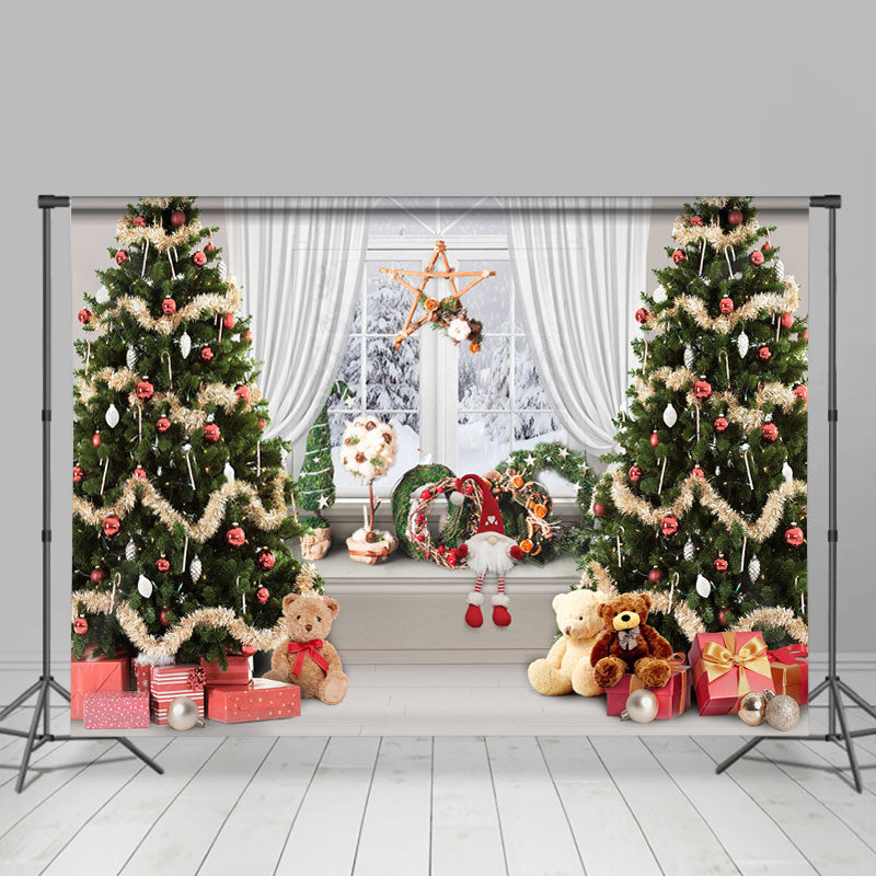 Lofaris Bear Gifts Christmas Tree White Window Snow Backdrop for Party
