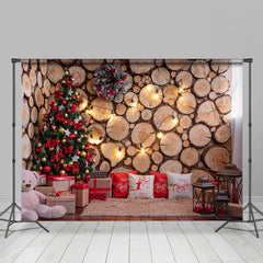 Lofaris Bear Wooden Wall Christmas Tree Lights Photo Scene Backdrop