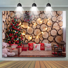 Lofaris Bear Wooden Wall Christmas Tree Lights Photo Scene Backdrop