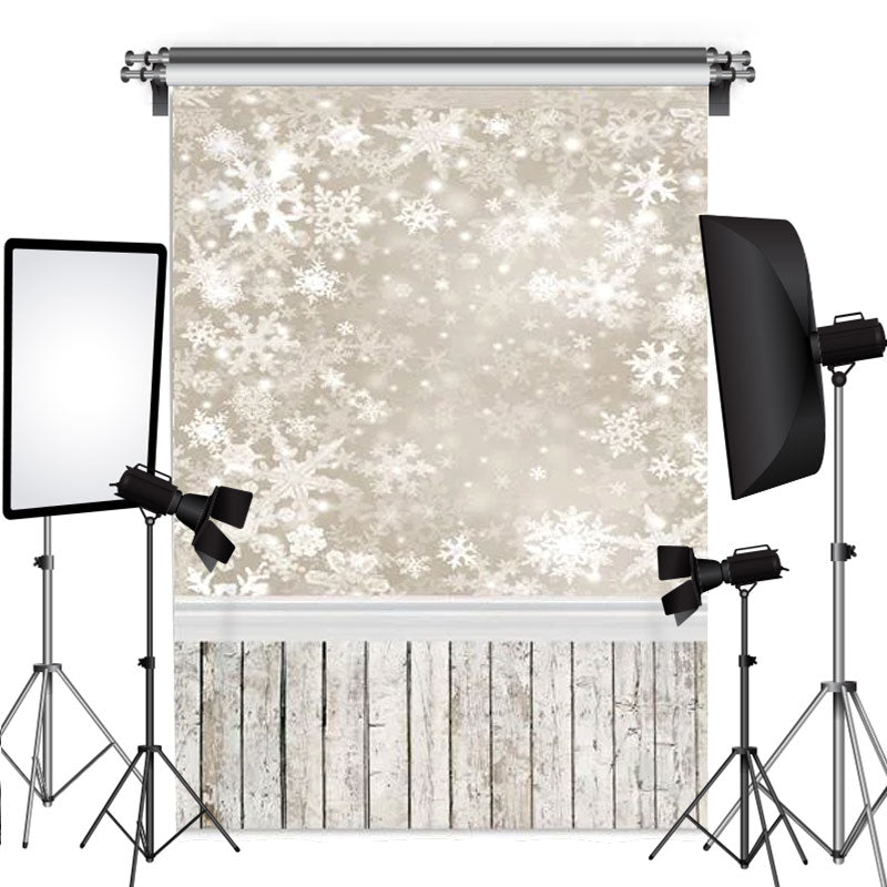 Lofaris Beige And White Cute Snowflakes Wooden Winter Backdrop