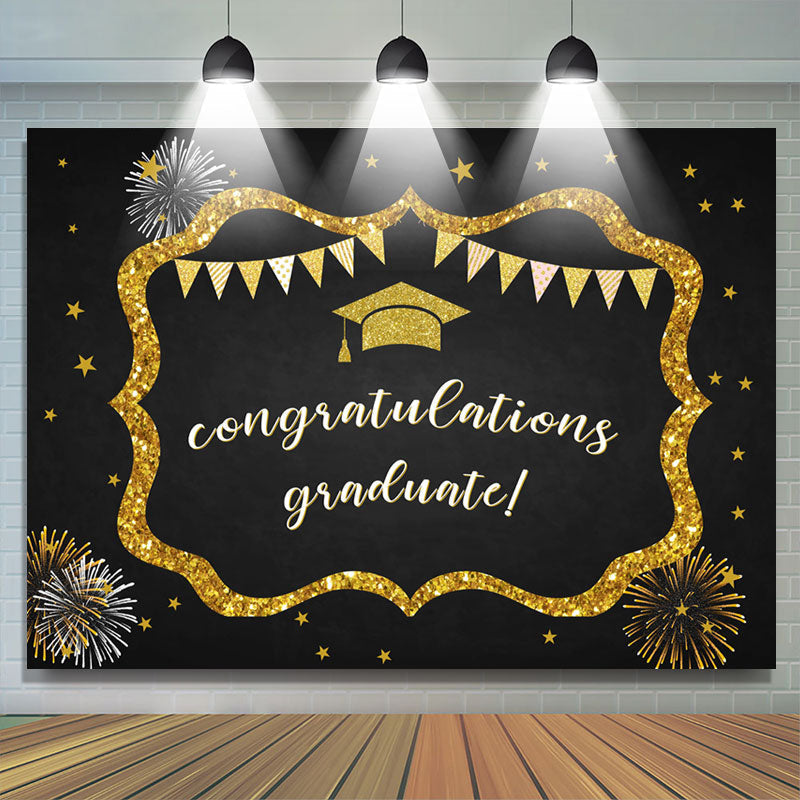 Lofaris Black And Gold Glitter Graduation Backdrop Banner