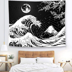 Lofaris Black And White Lake Floral Mountain Wall Tapestry