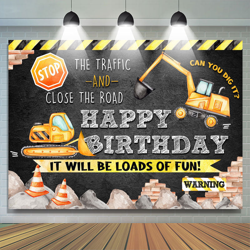 Lofaris Black And Yellow Traffic Theme Happy Birthday Backdrop