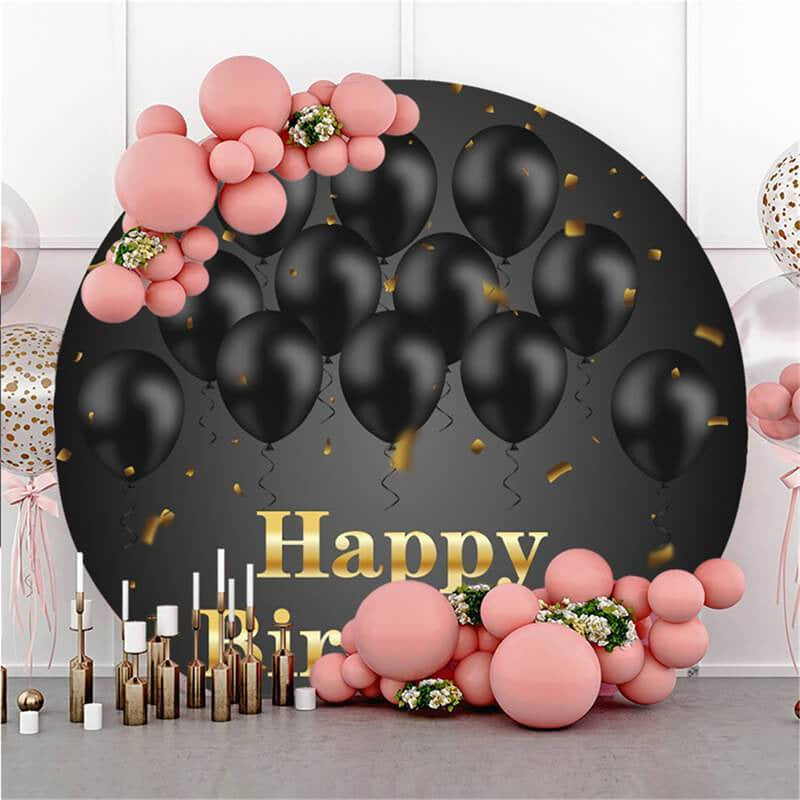 Lofaris Black Balloons Gold Round Happy Birthday Backdrop