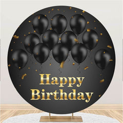 Lofaris Black Balloons Gold Round Happy Birthday Backdrop