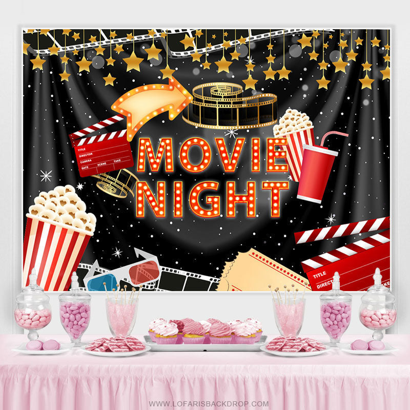 Black Curtain And Gold Star Movie Night Party Backdrop – Lofaris