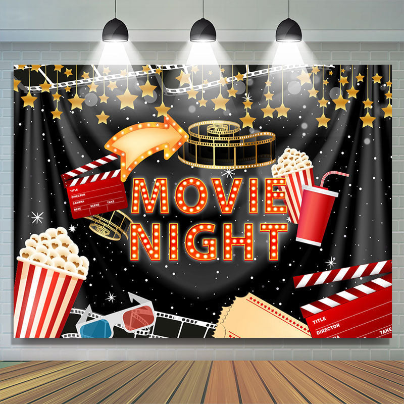 Black Curtain And Gold Star Movie Night Party Backdrop – Lofaris