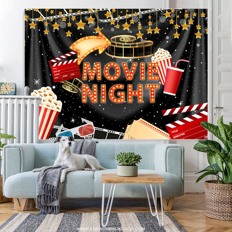 Black Curtain And Gold Star Movie Night Party Backdrop – Lofaris