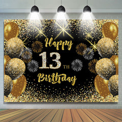 Lofaris Black Gold Balloon Glitter Happy 13Th Birthday Backdrop