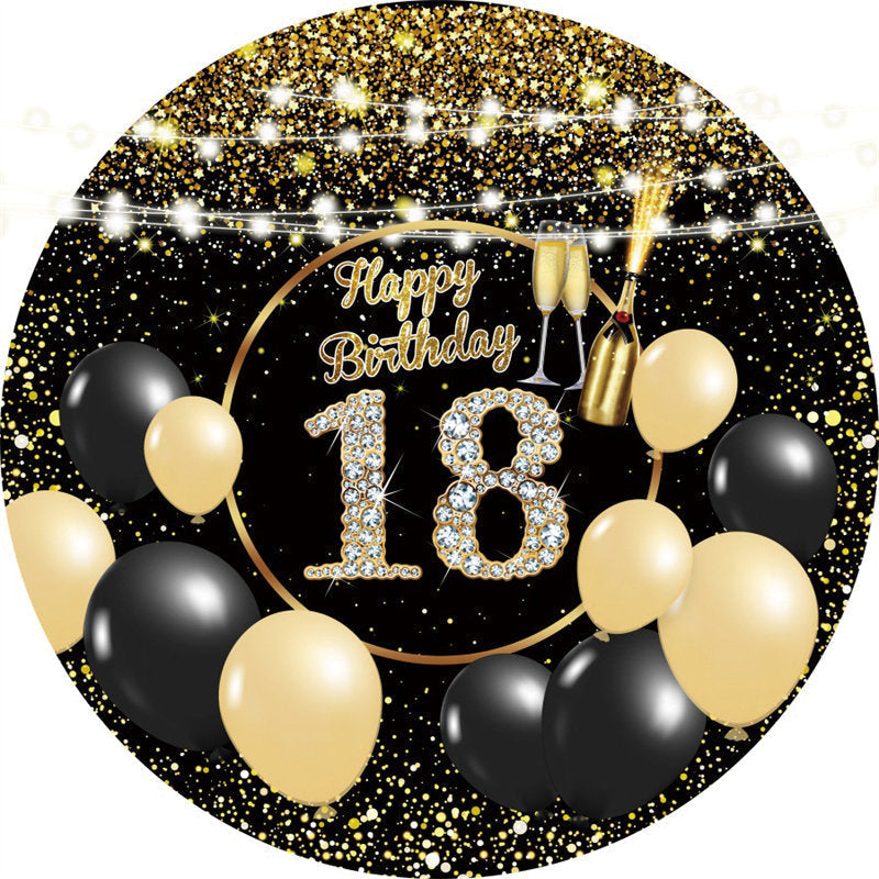 Black Gold Balloons Glitter Round 18th Birthday Backdrop - Lofaris