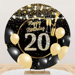 Lofaris Black Gold Balloons Glitter Round 20th Birthday Backdrop