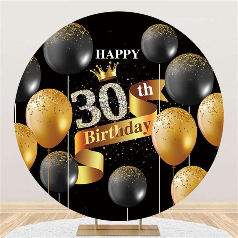 Lofaris Black Gold Balloons Round 30th Glitter Birthday Backdrop