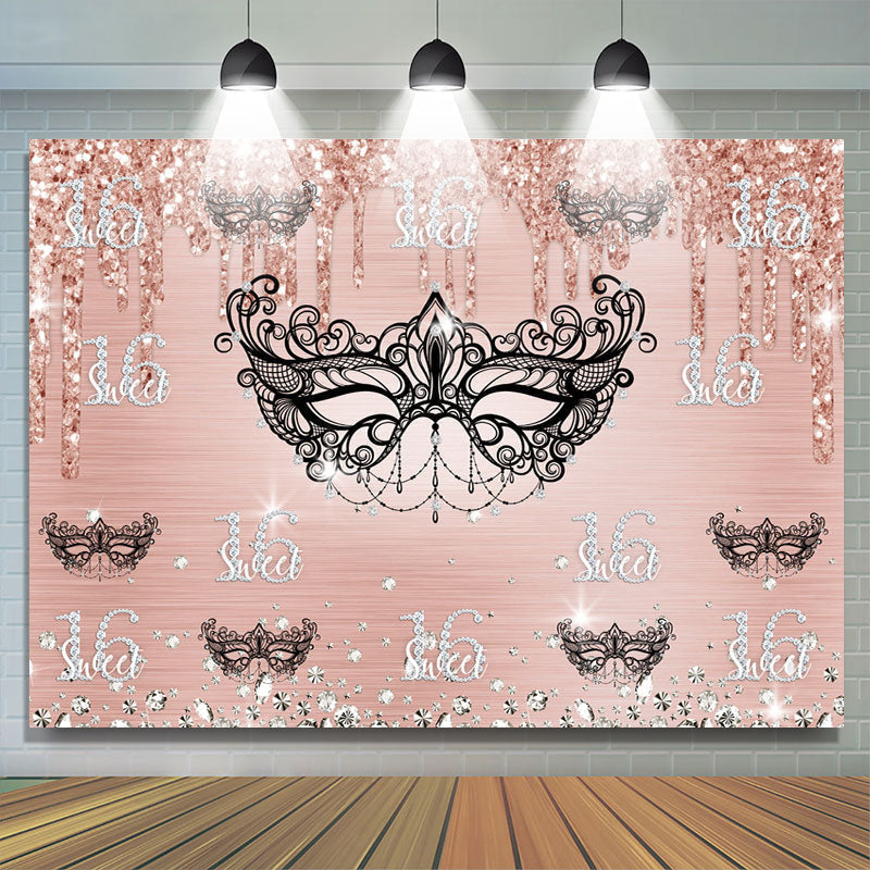 Lofaris Black Mask Pink Diamonds Glitter 16th Birthday Backdrop