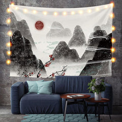 Lofaris Black Painting Style Mountain Landscape Custom Tapestry