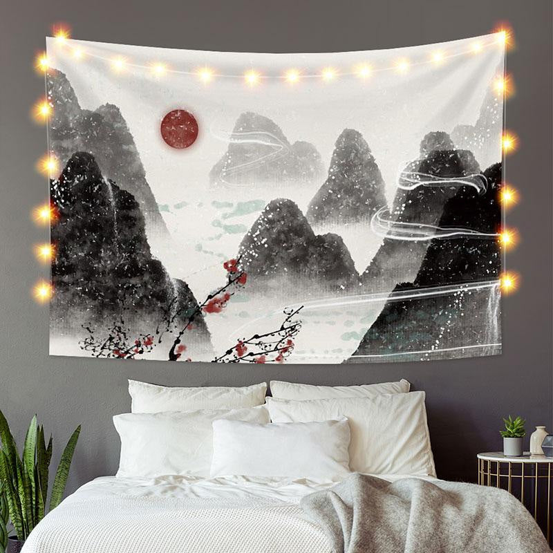 Lofaris Black Painting Style Mountain Landscape Custom Tapestry