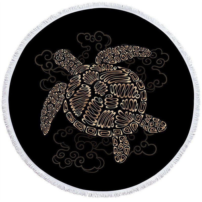 Lofaris Black Spiral Pattern Sea Turtle Round Beach Towel