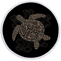 Lofaris Black Spiral Pattern Sea Turtle Round Beach Towel