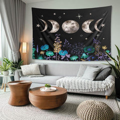 Lofaris Black Star and Cyan Floral Moon Family Wall Tapestry