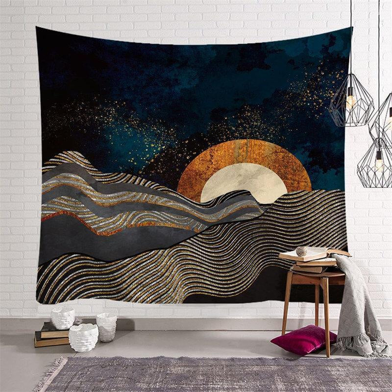 Lofaris Black Stripe Mandala 3D Printed Landscape Wall Tapestry