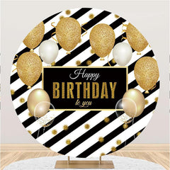 Lofaris Black Stripes Balloons Round Happy Birthday Backdrop