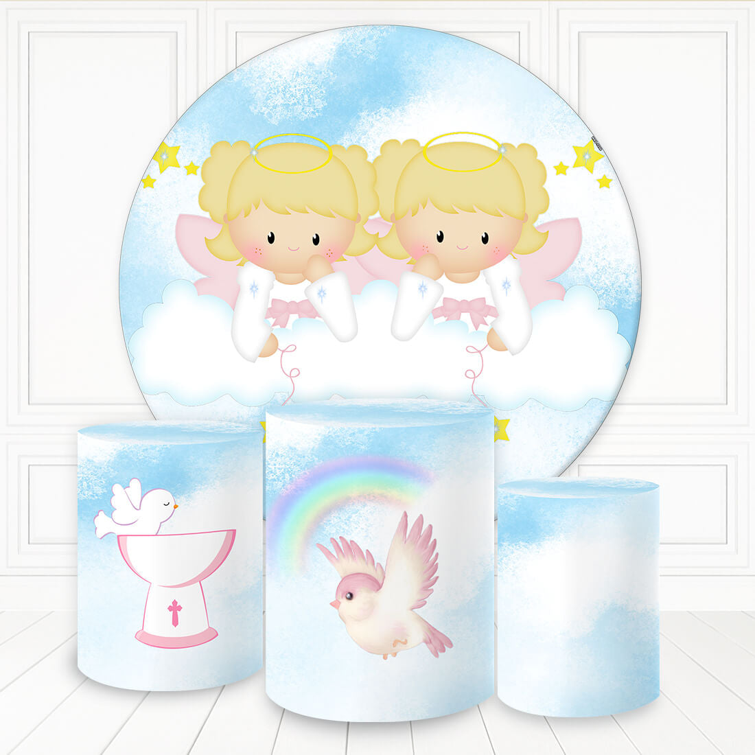 Blond Hair Girl Twins Round Backdrop Kit For Baby Shower – Lofaris