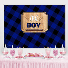 Lofaris Blue and Black Grid Stripe Oh Boy Baby Shower Backdrop