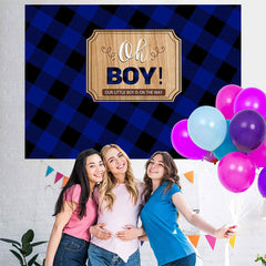 Lofaris Blue and Black Grid Stripe Oh Boy Baby Shower Backdrop