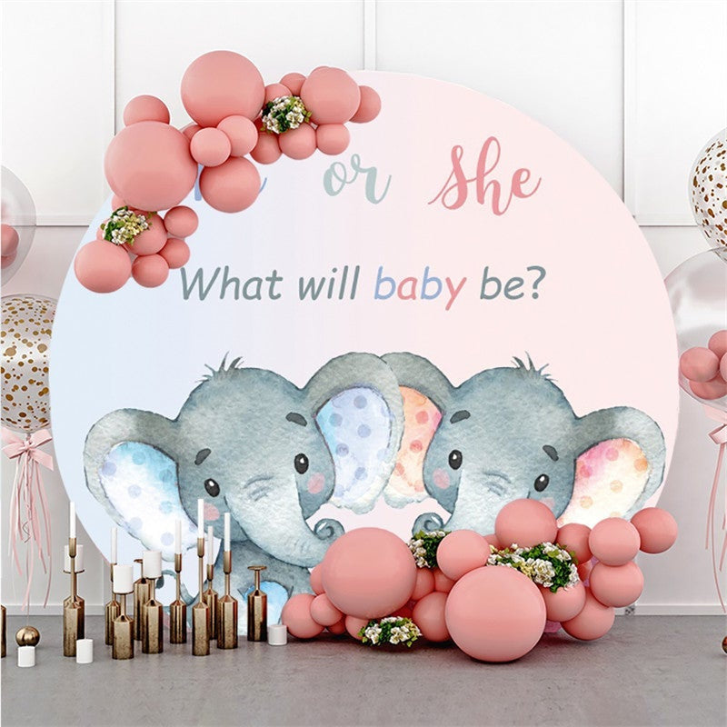 Lofaris Blue And Pink Elephants Round Baby Shower Backdrop