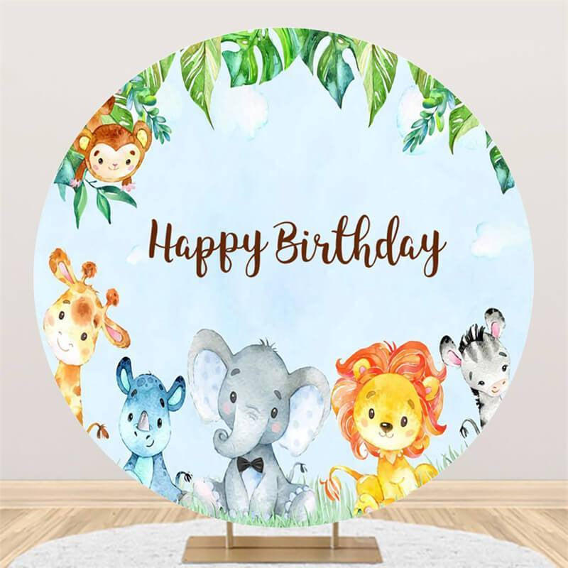 Lofaris Blue Animals Round Happy Birthday Backdrop For Boy