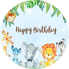 Lofaris Blue Animals Round Happy Birthday Backdrop For Boy