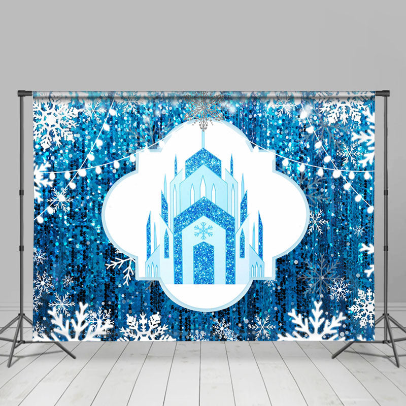 Lofaris Blue Castle And White Snowflake Christmas Backdrop