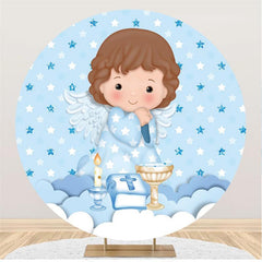 Lofaris Blue Circle Stars Angel Round Backdrops for Baby Shower