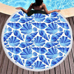 Lofaris Blue Conch Shell Coastal Round Beach Towel With Fringe