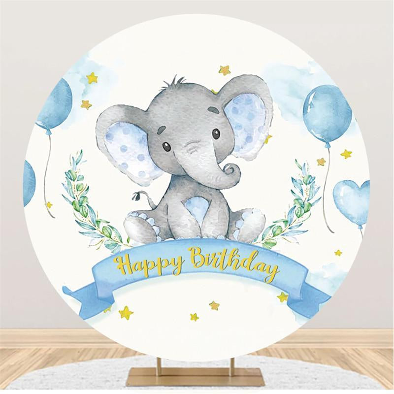 Lofaris Blue Elephant And Ballon Round Boys Birthday Backdrop