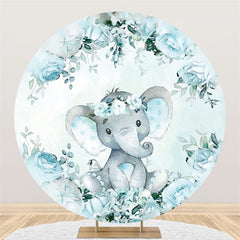 Lofaris Blue Elephant Wreath Floral Round Baby Shower Backdrop