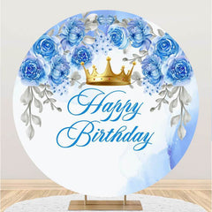 Lofaris Blue Floral And Crown Round Happy Birthday Backdrop