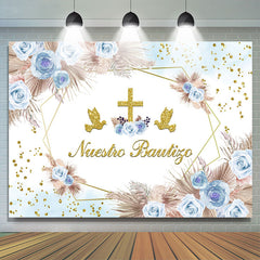 Lofaris Blue Floral Dove Cross Mi Bautizo Baptism Backdrop