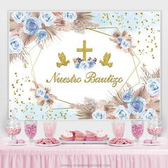 Lofaris Blue Floral Dove Cross Mi Bautizo Baptism Backdrop