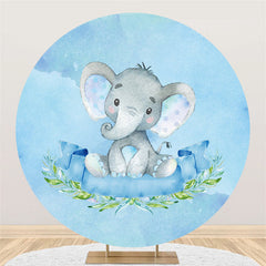 Lofaris Blue Floral Elephant Round Boys Baby Shower Backdrop