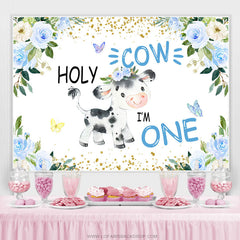 Lofaris Blue Floral Holy Cow Happy 1St Birthday Backdrop