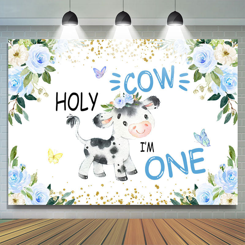 Lofaris Blue Floral Holy Cow Happy 1St Birthday Backdrop