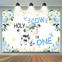 Lofaris Blue Floral Holy Cow Happy 1St Birthday Backdrop