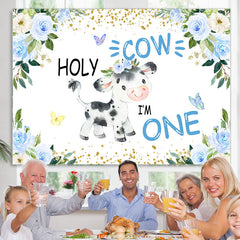 Lofaris Blue Floral Holy Cow Happy 1St Birthday Backdrop