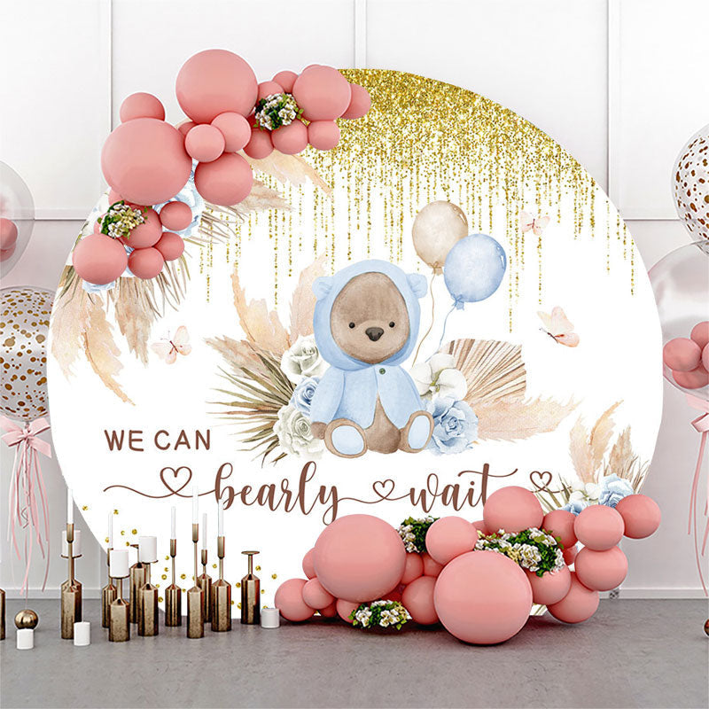 Lofaris Blue Floral Teddy Bear Round Baby Shower Backdrop